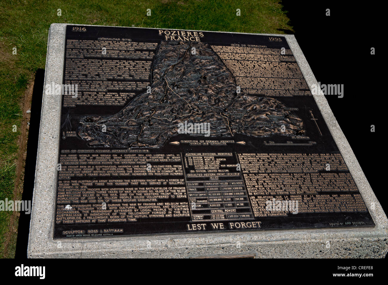 La placca alla WW1 Australian 1° Divisione Memorial presso Pozières, Somme, Francia Foto Stock