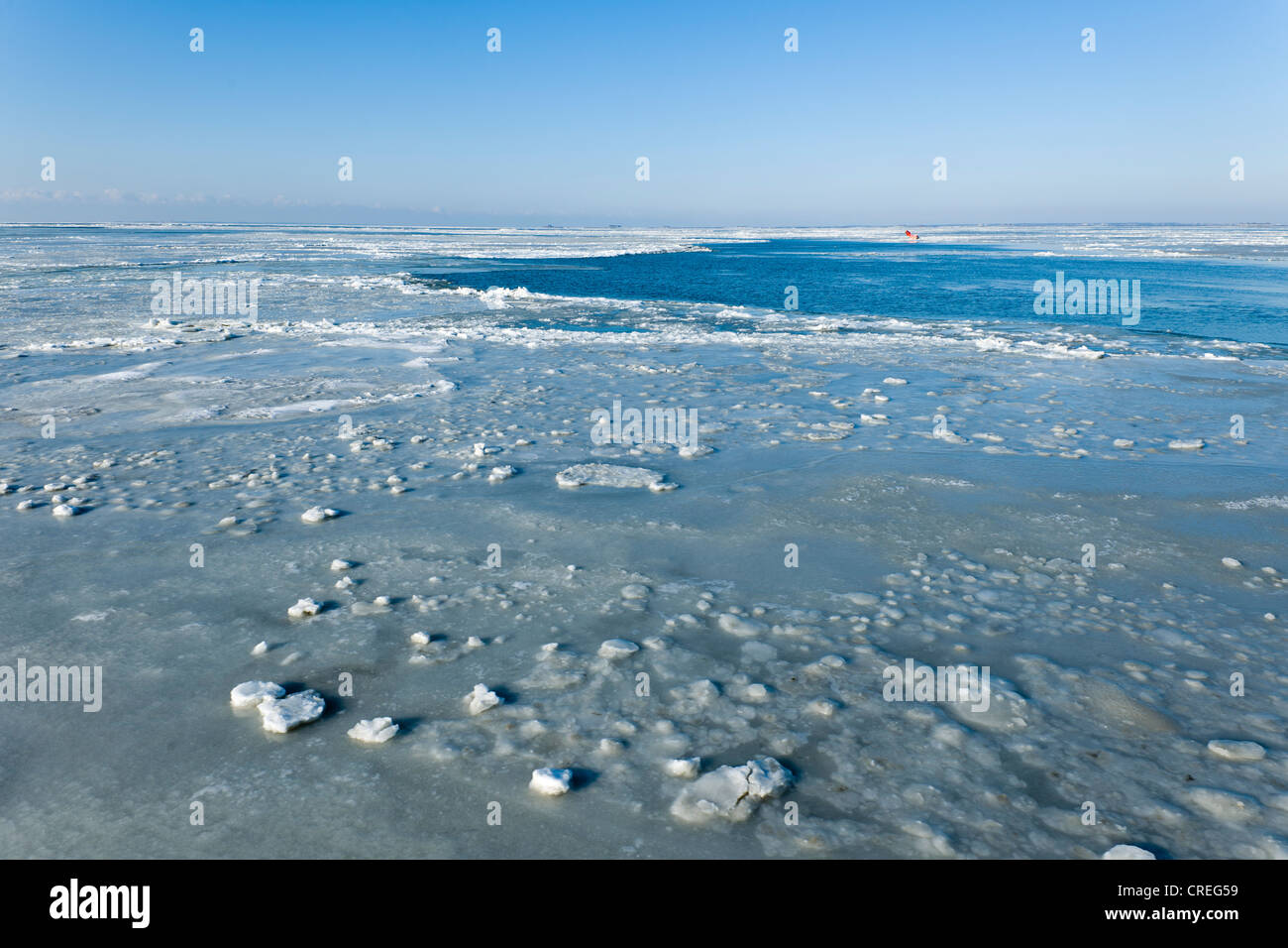 Congelati del Mare del Nord con la Hallig Langeness, Holm, all'orizzonte, Frisia settentrionale, Schleswig-Holstein, Germania settentrionale Foto Stock