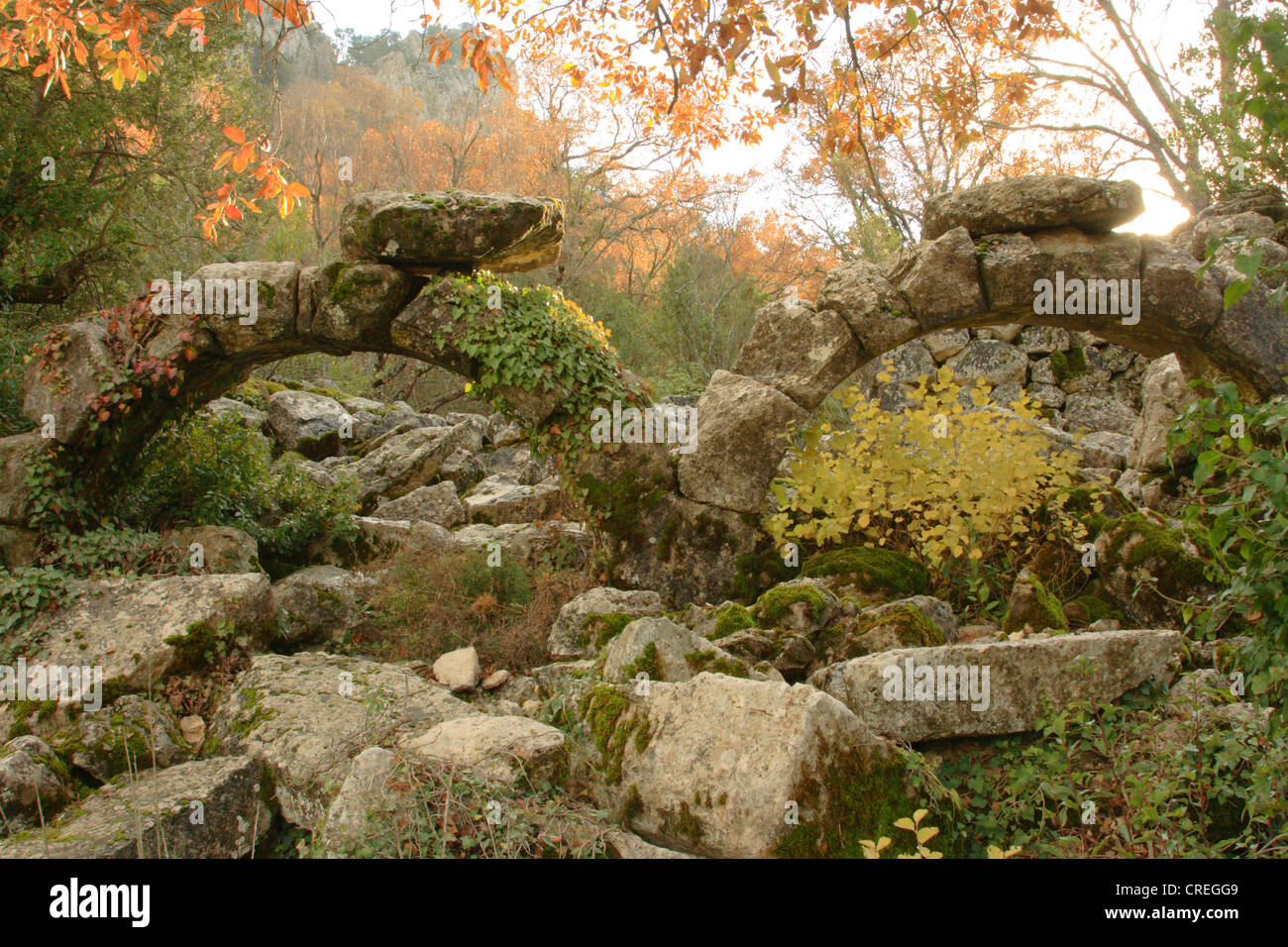Termessos e le rovine del Tempio di Adriano tra gli alberi in autunno colori, Turchia, Riviera Turca, Termessos NP, Antalya Foto Stock