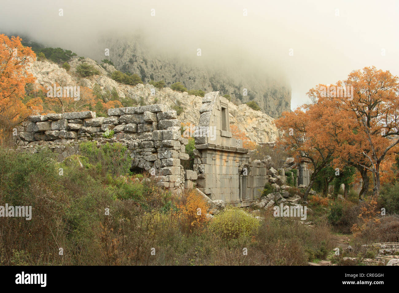Termessos e le rovine di una palestra tra gli alberi in autunno colori, Turchia, Riviera Turca, Termessos NP, Antalya Foto Stock