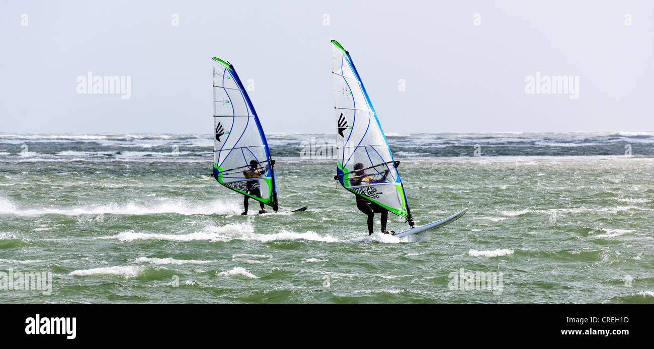 Due analogamente branded windsurfisti competere in acqua increspato off West Wittering beach, West Sussex Foto Stock