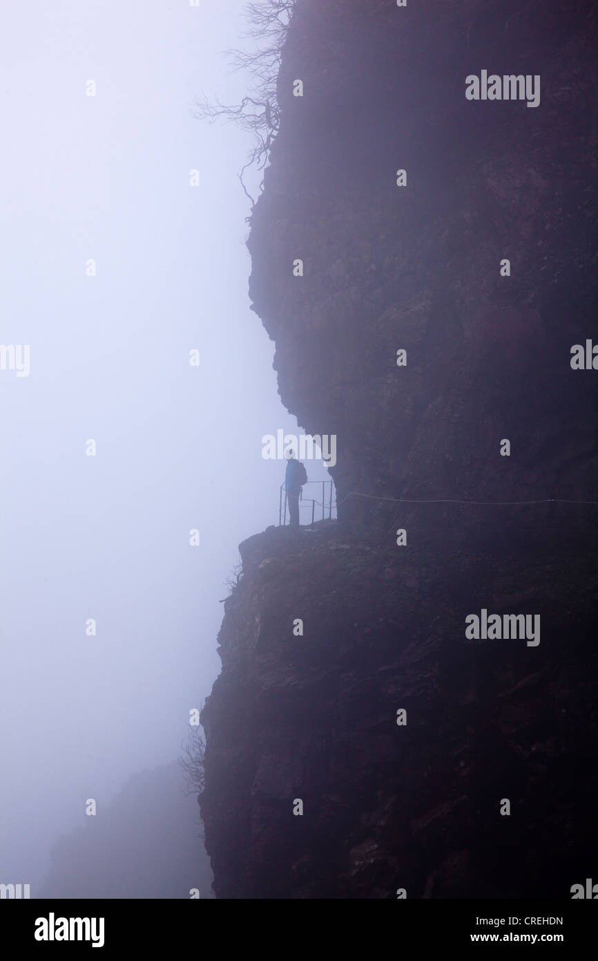 Escursionista su un pendio nella nebbia, sentiero da Pico do Arieiro a Pico Ruivo, Madeira, Portogallo, Europa Foto Stock