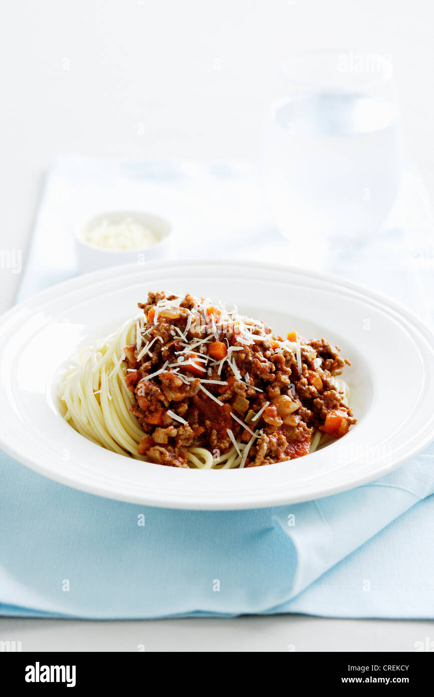 Ravvicinata di un piatto di spaghetti alla bolognese Foto Stock