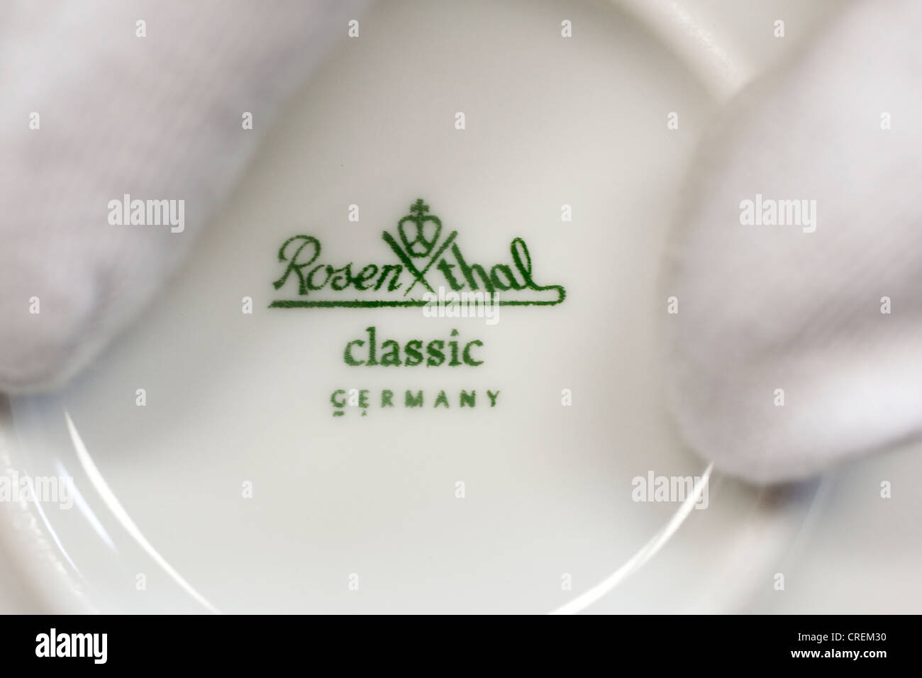 Logo e scritte di Rosenthal GmbH, sul fondo di una piastra in corrispondenza della manifattura di porcellane Rosenthal GmbH, Speichersdorf Foto Stock