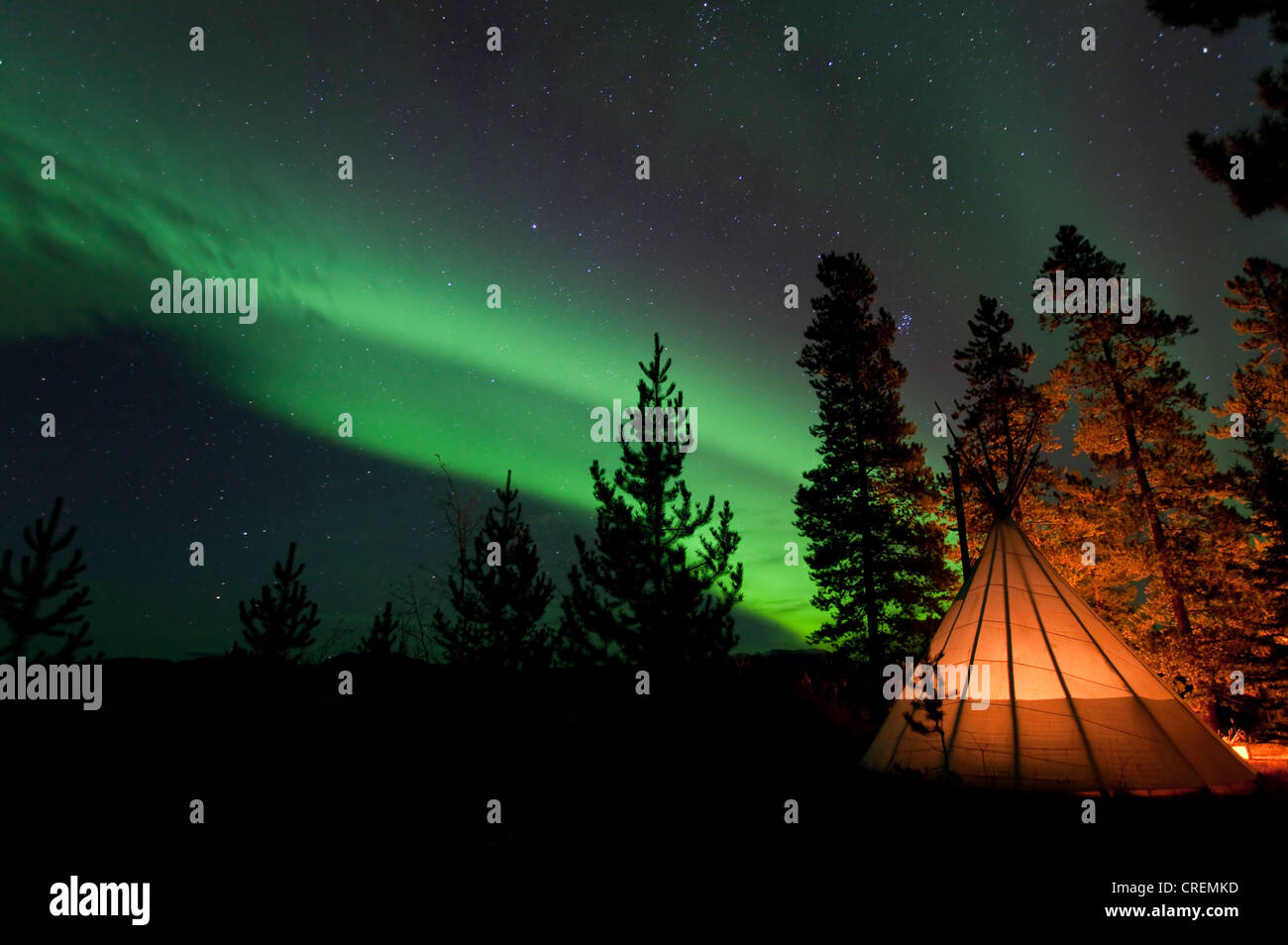 Teepee illuminato, tende Tepee, tepee, Northern Lights, Aurorae polare, Aurora Boreale, verde, vicino a Whitehorse, Yukon Territory Foto Stock