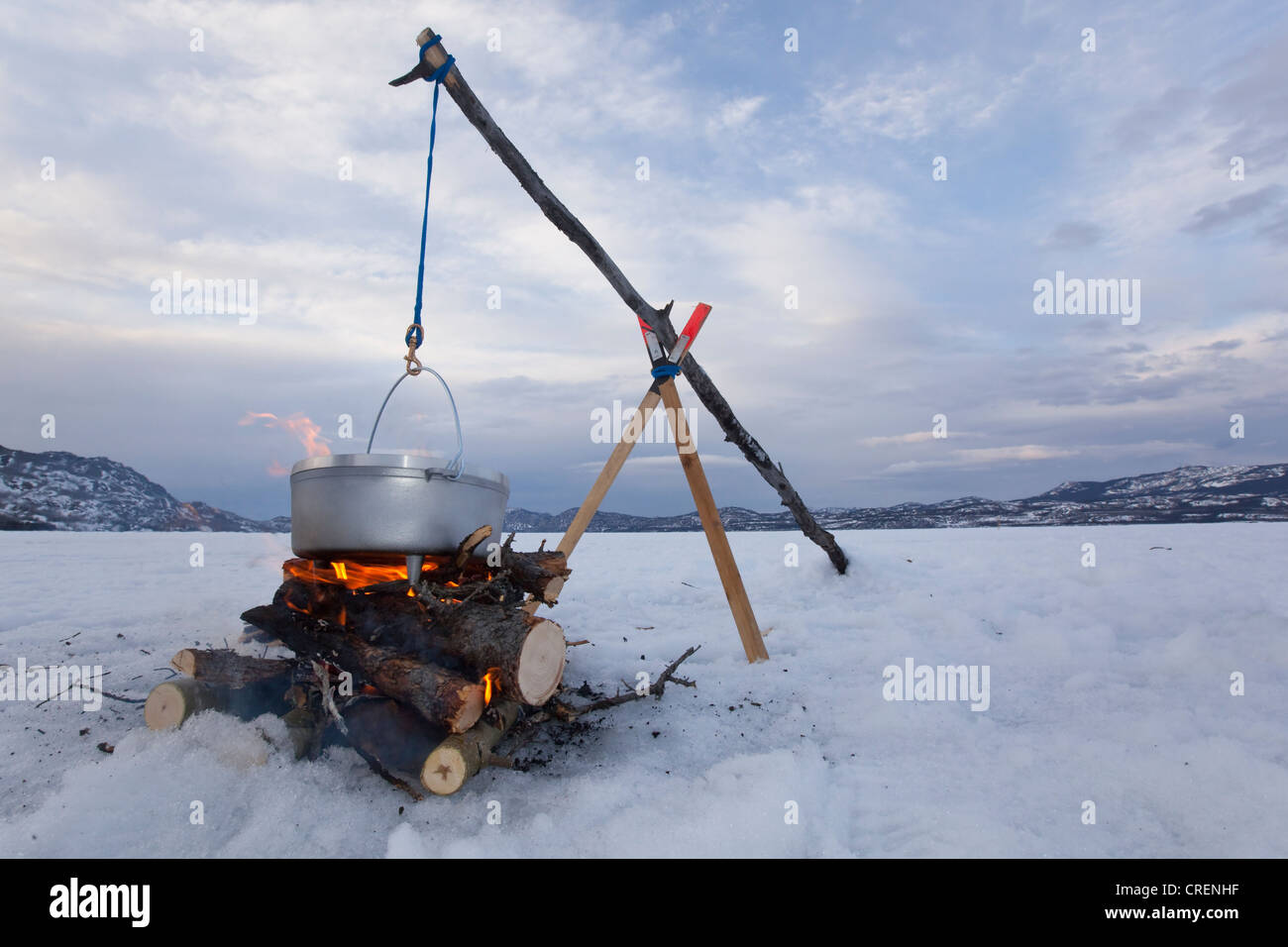 La cottura su un fuoco di campo in appeso un forno olandese, ghiaccio del Lago ghiacciato Laberge, Yukon Territory, Canada Foto Stock