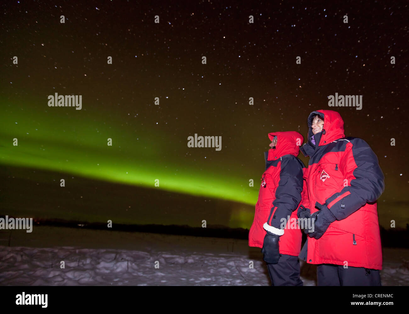 Giovane donna e uomo, guardando il verde polare settentrionale (luci di aurora boreale), vicino a Whitehorse, Yukon Territory, Canada Foto Stock