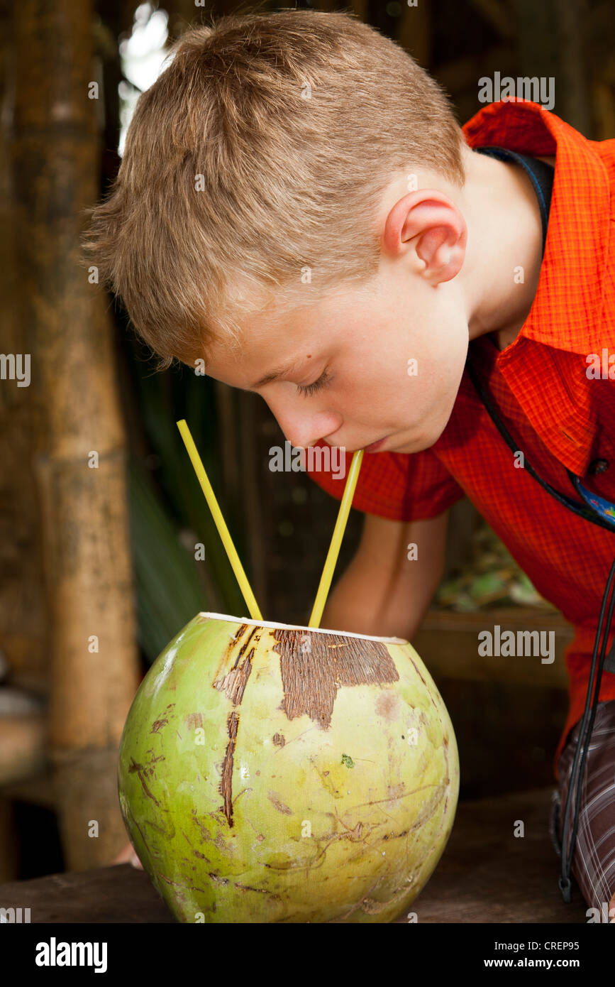Ragazzo beve da una noce di cocco, centro di Bali, Bali, Indonesia, sud-est asiatico Foto Stock