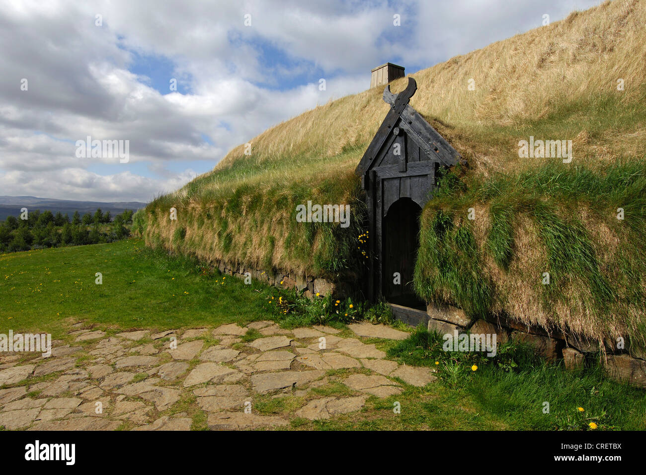 Ri-costruito Viking longhouse presso il Forte, sud-centrale, Islanda Islanda, Pjorsardalur Foto Stock