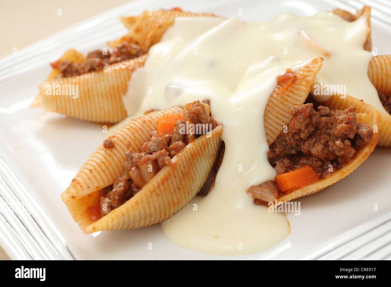 I gusci di pasta riempita con un bolognese-tipo ragù di carne e sormontato da un formaggio besciamella. Foto Stock