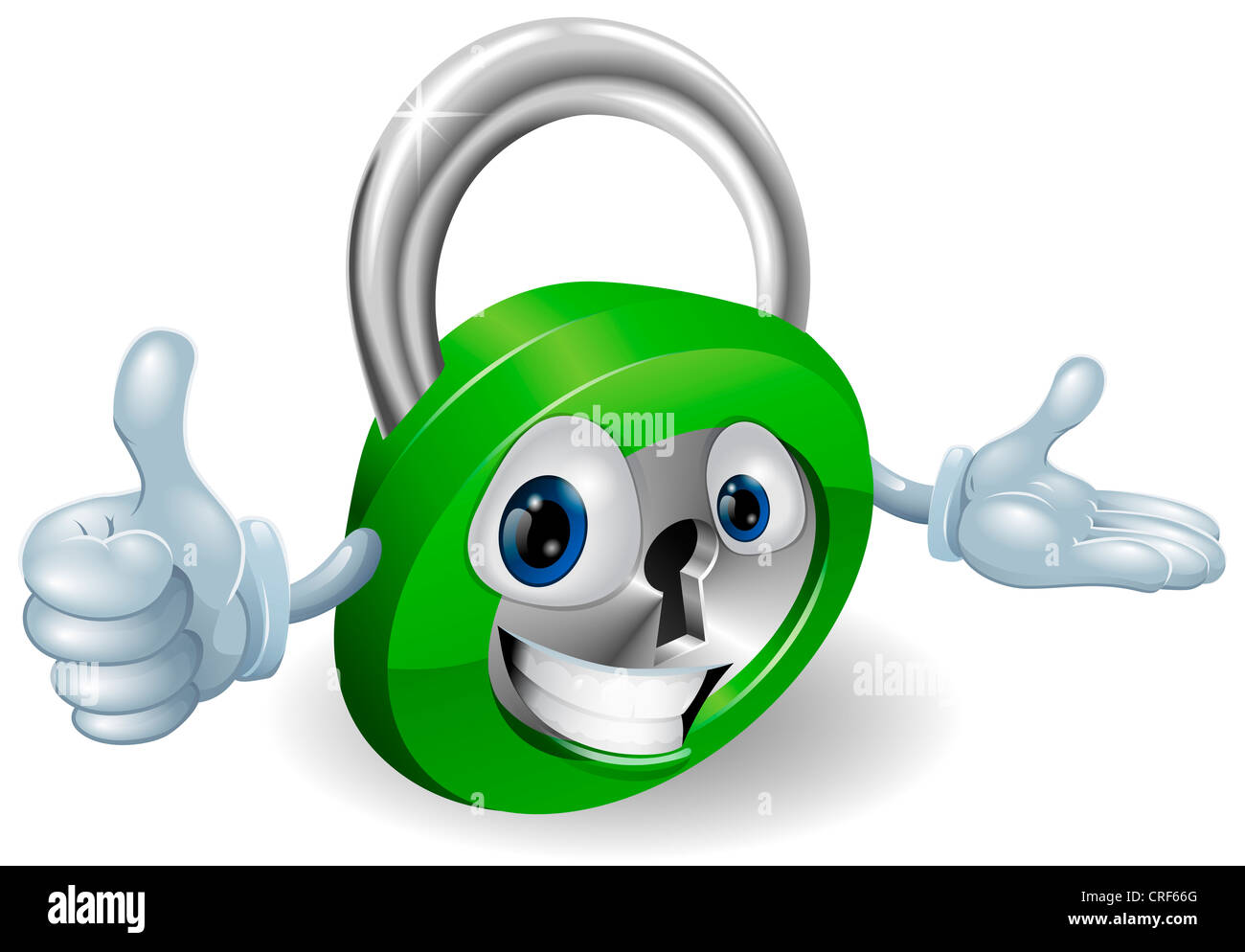 Lucchetto sorridente il concetto di sicurezza mascotte con il pollice in alto e la mano aperta Foto Stock