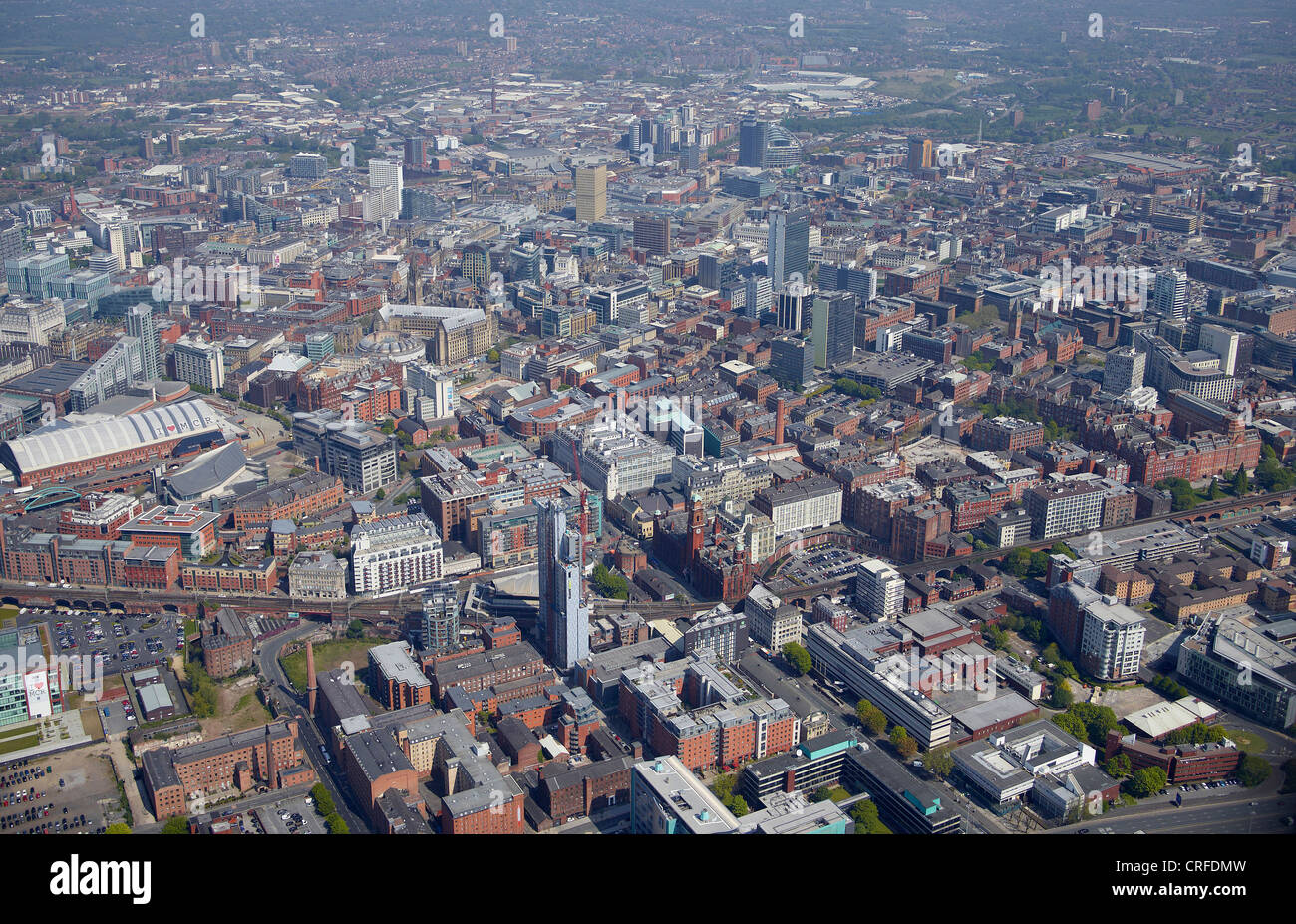 Il centro della città di Manchester, dall'aria, Nord Ovest Inghilterra Foto Stock