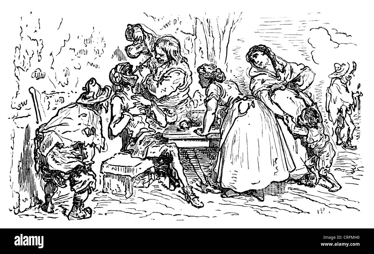 Don Chisciotte bere attraverso una cannuccia. Illustrazione di Gustave Dore da Don Chisciotte. Foto Stock