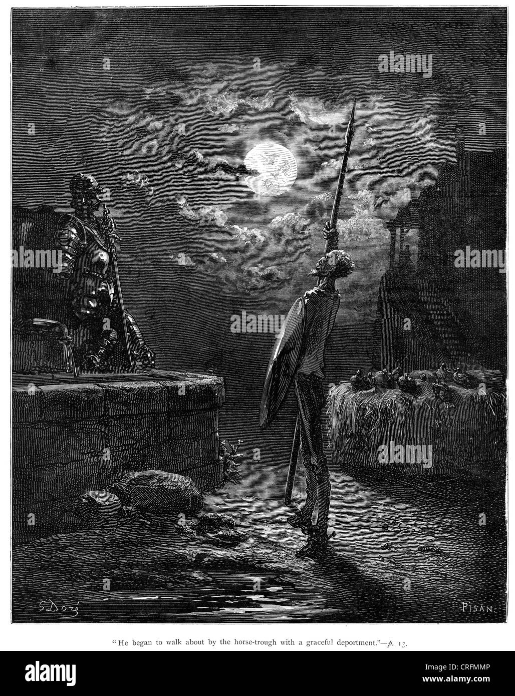 Don Chisciotte salutando la luna piena. Illustrazione di Gustave Dore da Don Chisciotte. Foto Stock