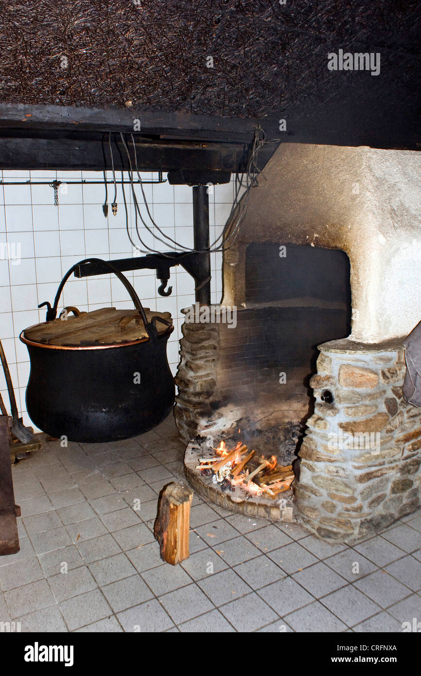 Produzione di formaggio artigianale: fuoco per riscaldare il latte, Svizzera Vallese, Taeschalp, Zermatt Foto Stock