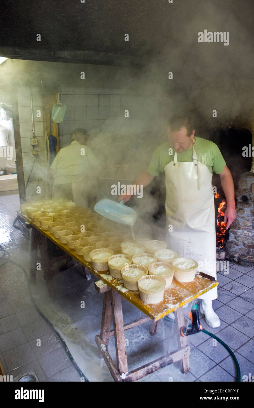 Formaggio tradizionale produzione: riempimento di forme con una speciale formaggio di siero di latte, chiamato Ziegerkaese o ricotta, Svizzera Vallese, Taeschalp, Zermatt Foto Stock