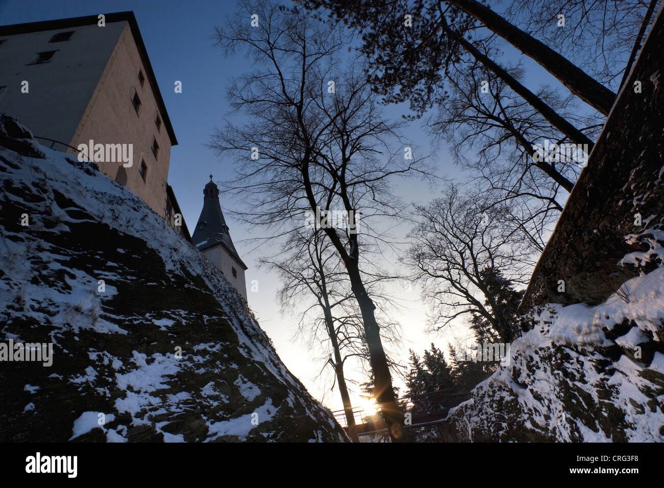 La chiesa e il castello di Mylau in inverno, in Germania, in Sassonia, Mylau Foto Stock