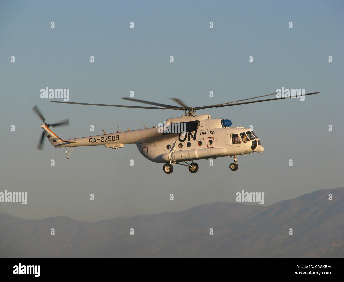 Flying elicottero del 'ONU missione di Stabilizzazione di Haiti", Haiti, Grande Anse, Jeremie Foto Stock