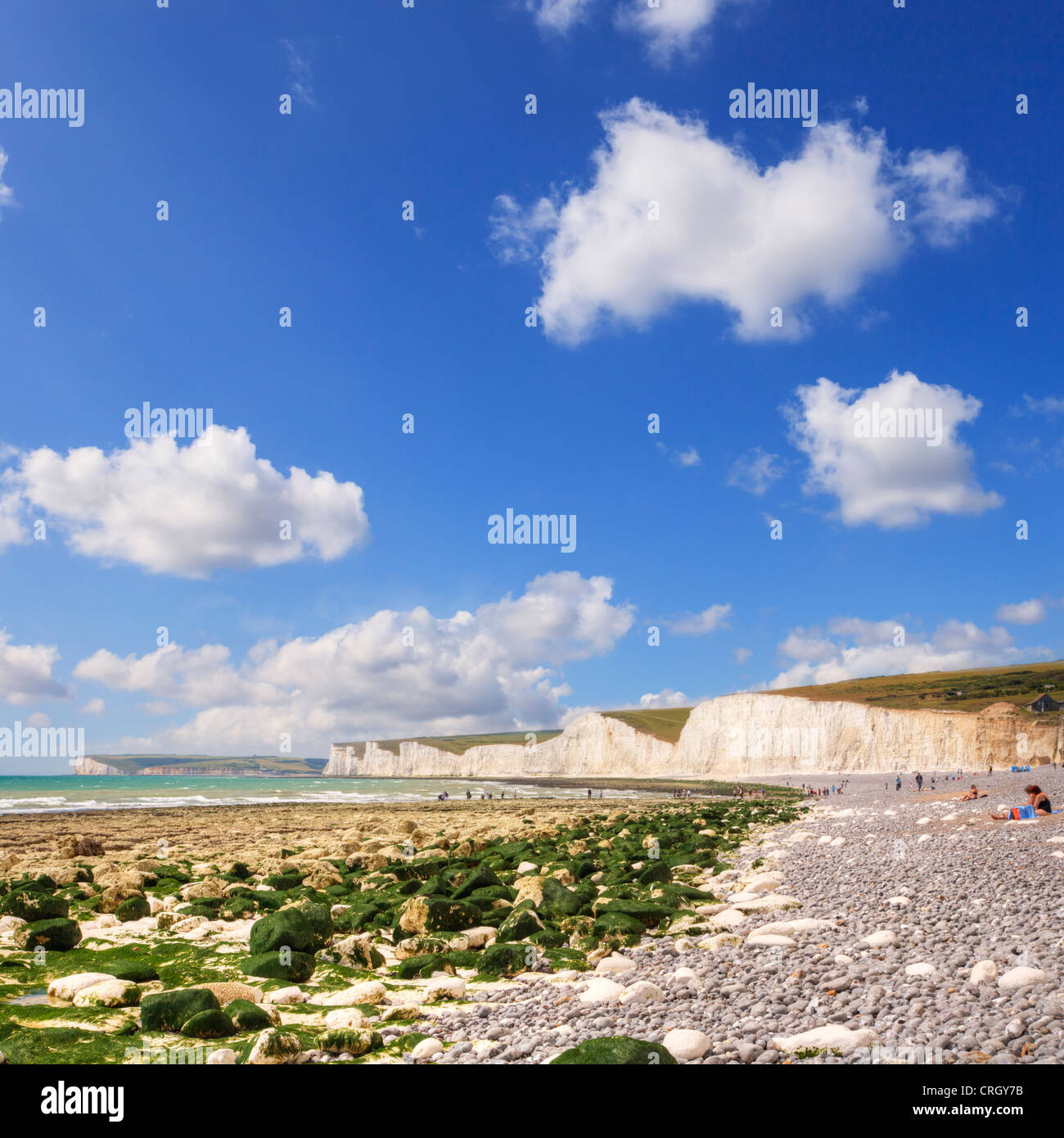 La spiaggia di Birling Gap, East Sussex, e chalk cliffs conosciuta come le Sette Sorelle, su una fine soleggiato English giorno d'estate. Foto Stock