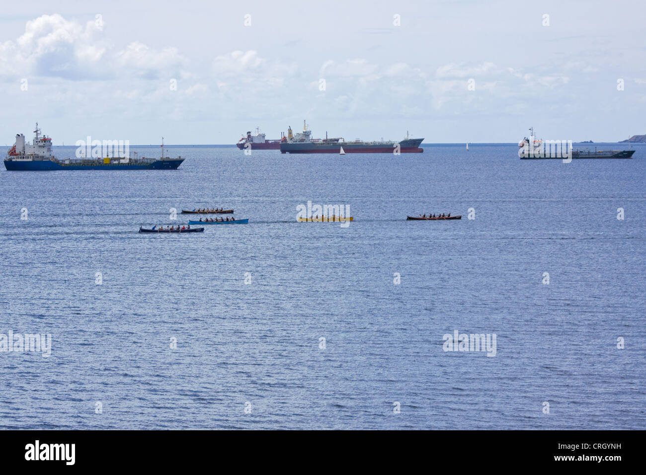 Squadre in annuale di Falmouth Gig Club racing regata ogni altro al fianco di navi mercantili in Falmouth Harbour UK nel 2011 Foto Stock