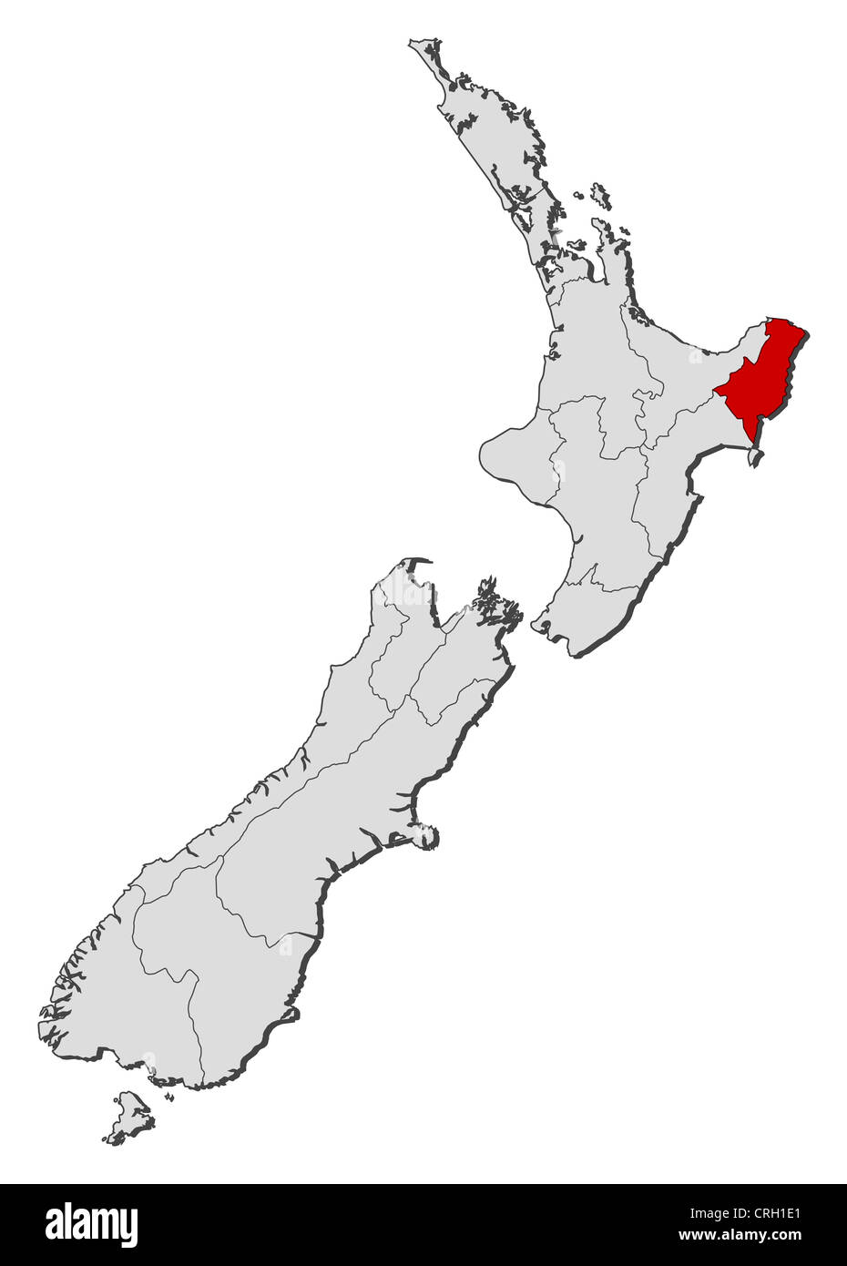 Mappa Politico della Nuova Zelanda con le diverse regioni dove Gisborne è evidenziata. Foto Stock