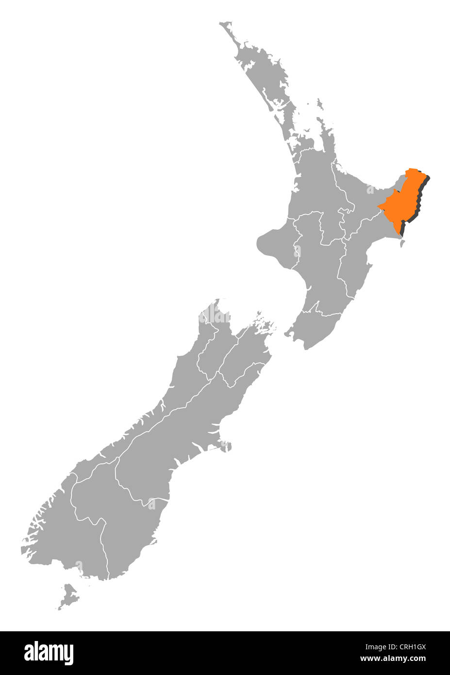 Mappa Politico della Nuova Zelanda con le diverse regioni dove Gisborne è evidenziata. Foto Stock
