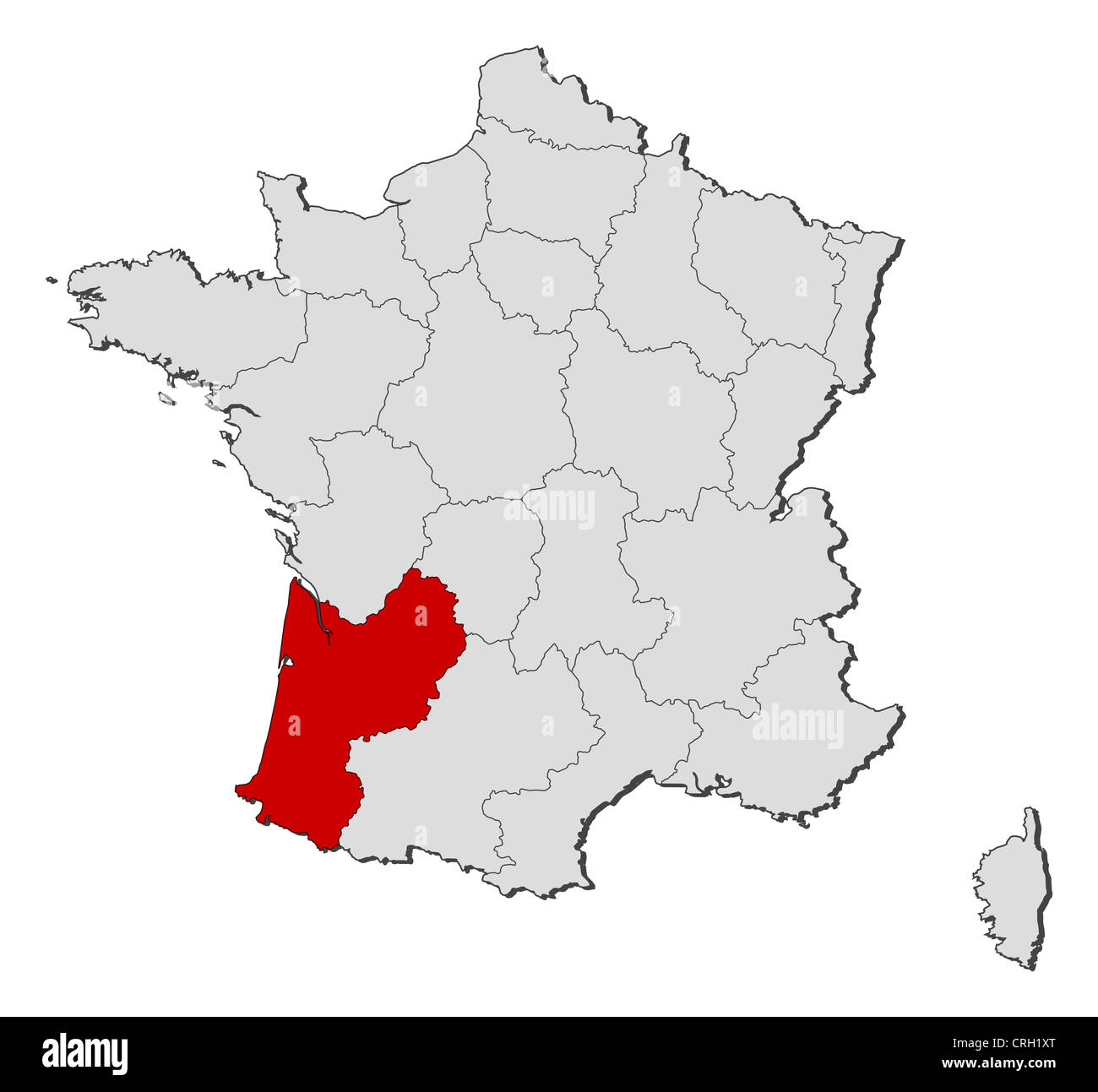 Mappa Politico della Francia con le diverse regioni dove Aquitaine è evidenziata. Foto Stock