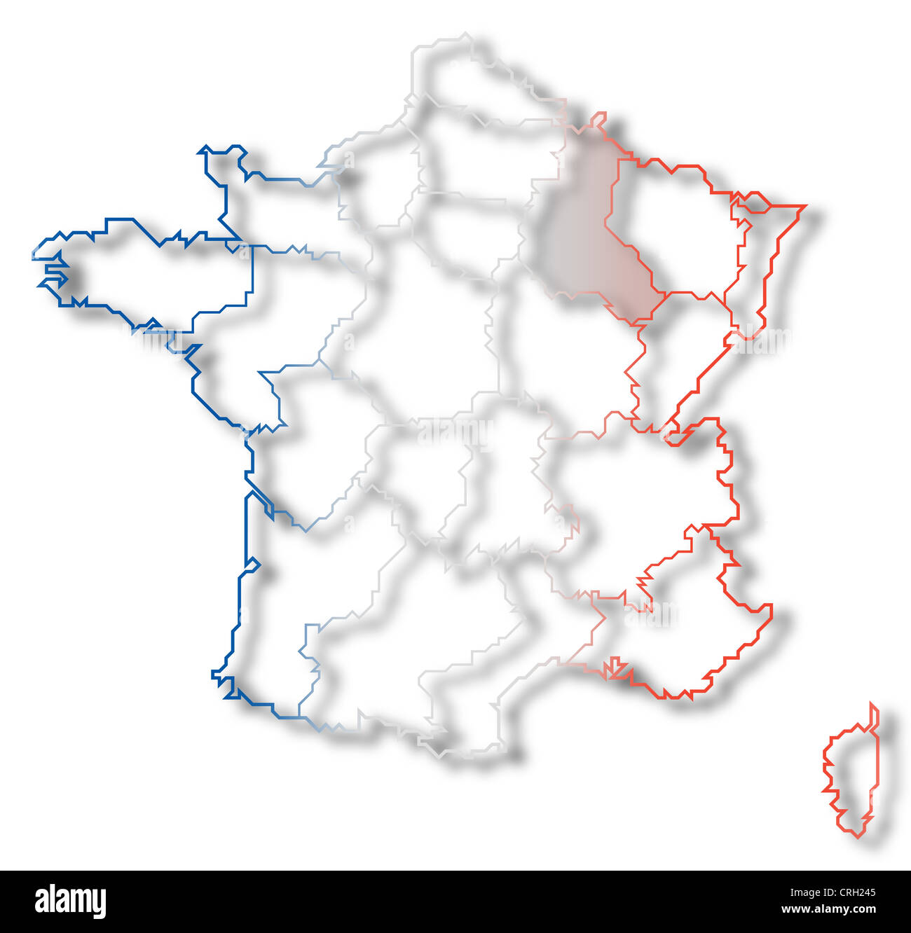Mappa Politico della Francia con le diverse regioni dove Champagne-Ardenne è evidenziata. Foto Stock