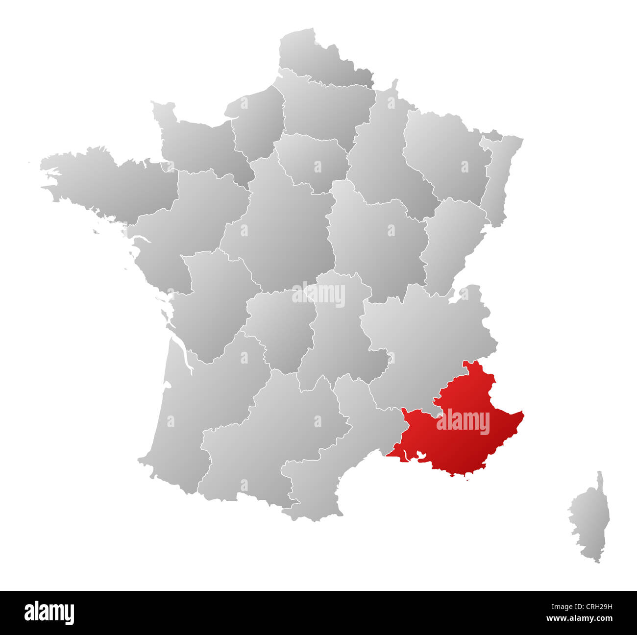 Mappa Politico della Francia con le diverse regioni dove Provence-Alpes-Côte d'Azur è evidenziata. Foto Stock