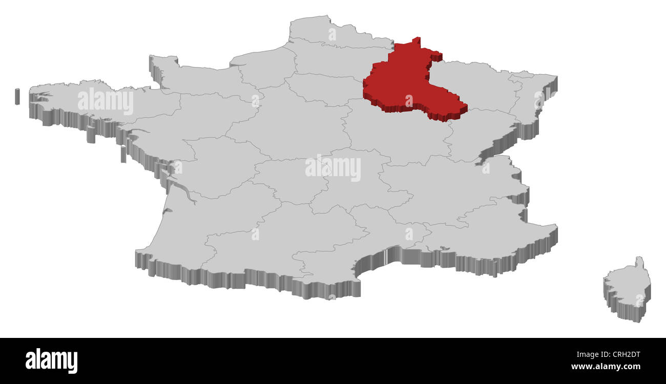Mappa Politico della Francia con le diverse regioni dove Champagne-Ardenne è evidenziata. Foto Stock