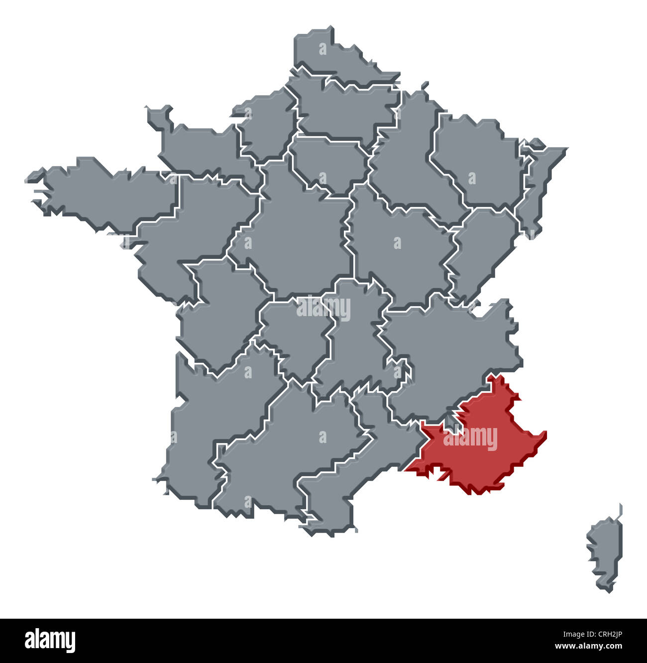 Mappa Politico della Francia con le diverse regioni dove Provence-Alpes-Côte d'Azur è evidenziata. Foto Stock