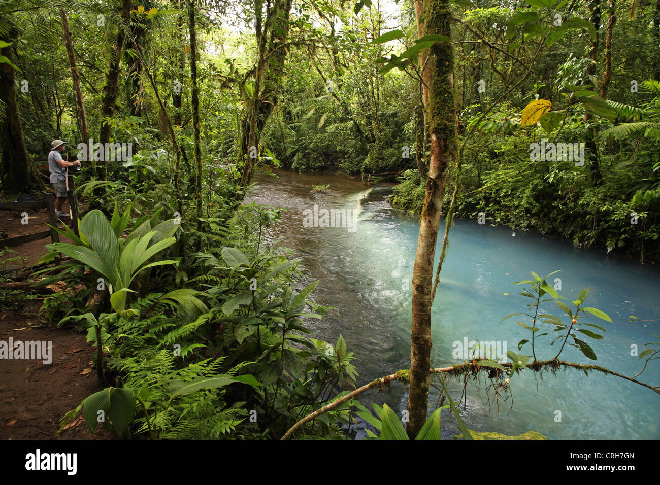Tourist presso la fonte di Rio Celeste blu (fiume) in Tenorio Il Parco Nazionale del Vulcano, Costa Rica. Foto Stock