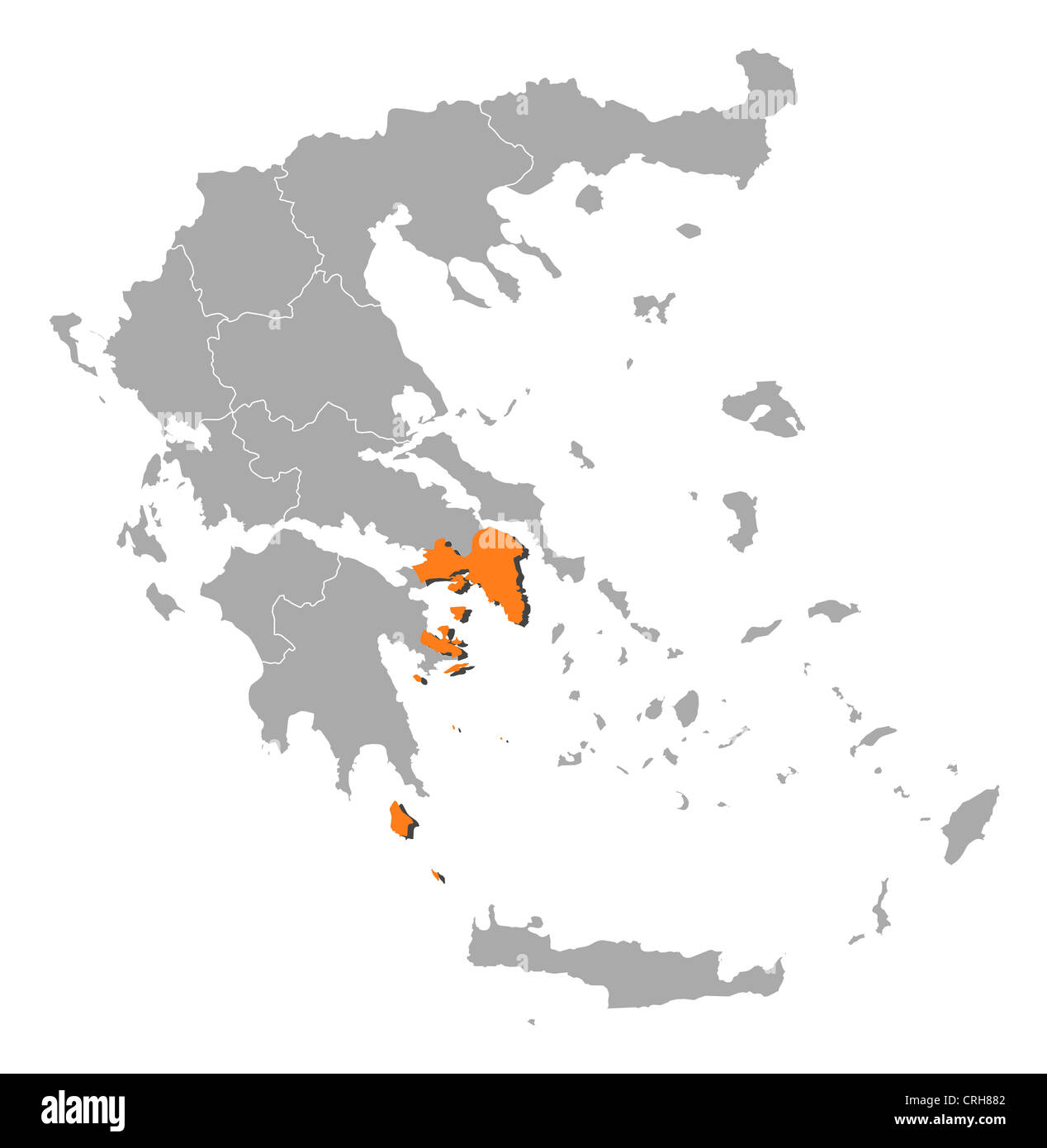 Mappa Politico della Grecia con i vari Stati in cui Attica è evidenziata. Foto Stock