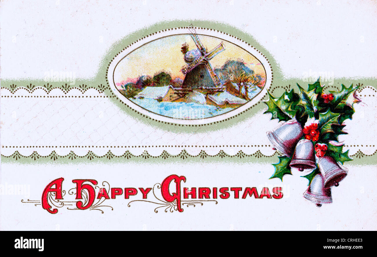 Un Felice Natale - vintage scheda di Natale con il mulino a vento Foto Stock