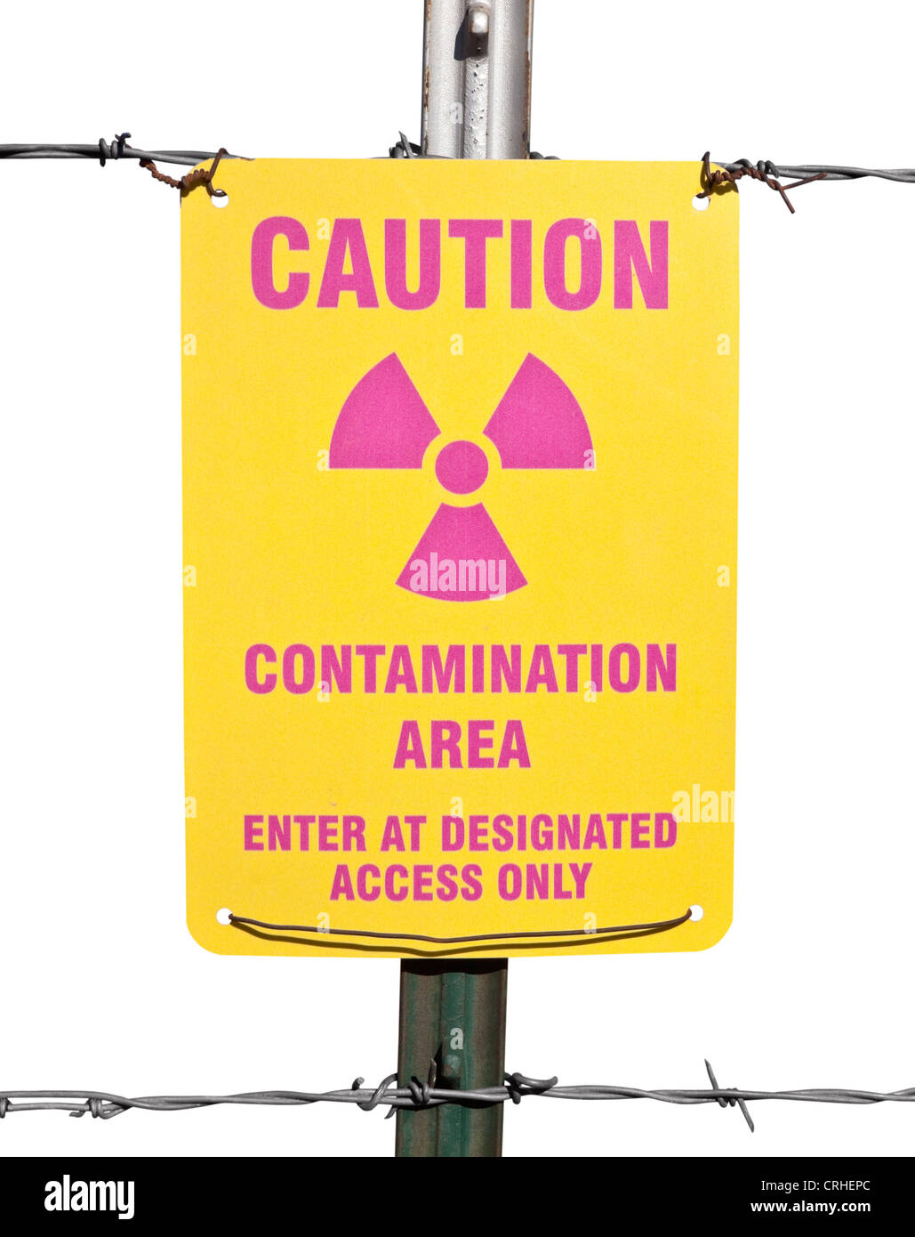 Attenzione la contaminazione radioattiva cartello segnaletico con portagomma recinto di filo isolato. Foto Stock