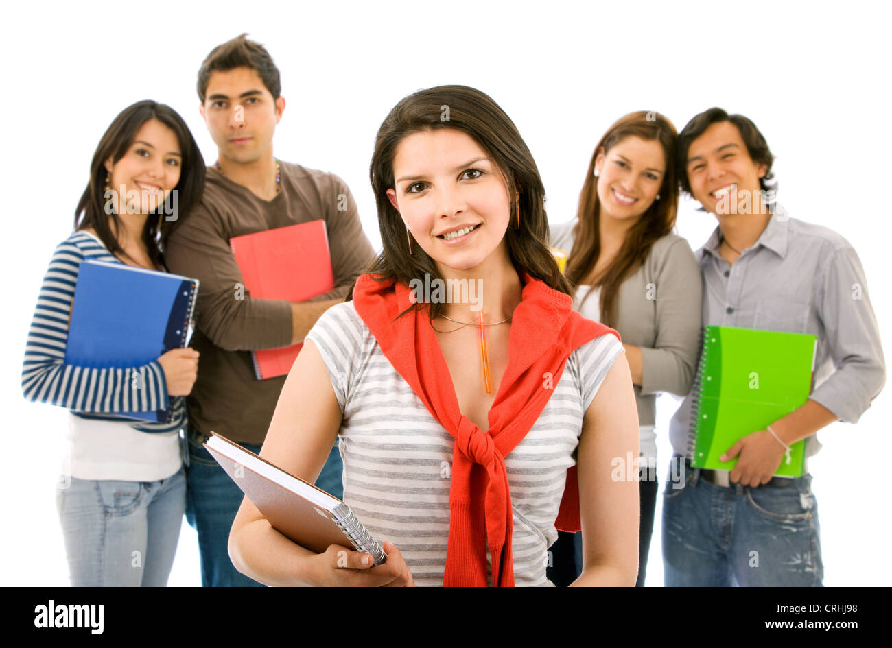 Gruppo di studenti sorridente con notebook, uno carino donna in primo piano Foto Stock