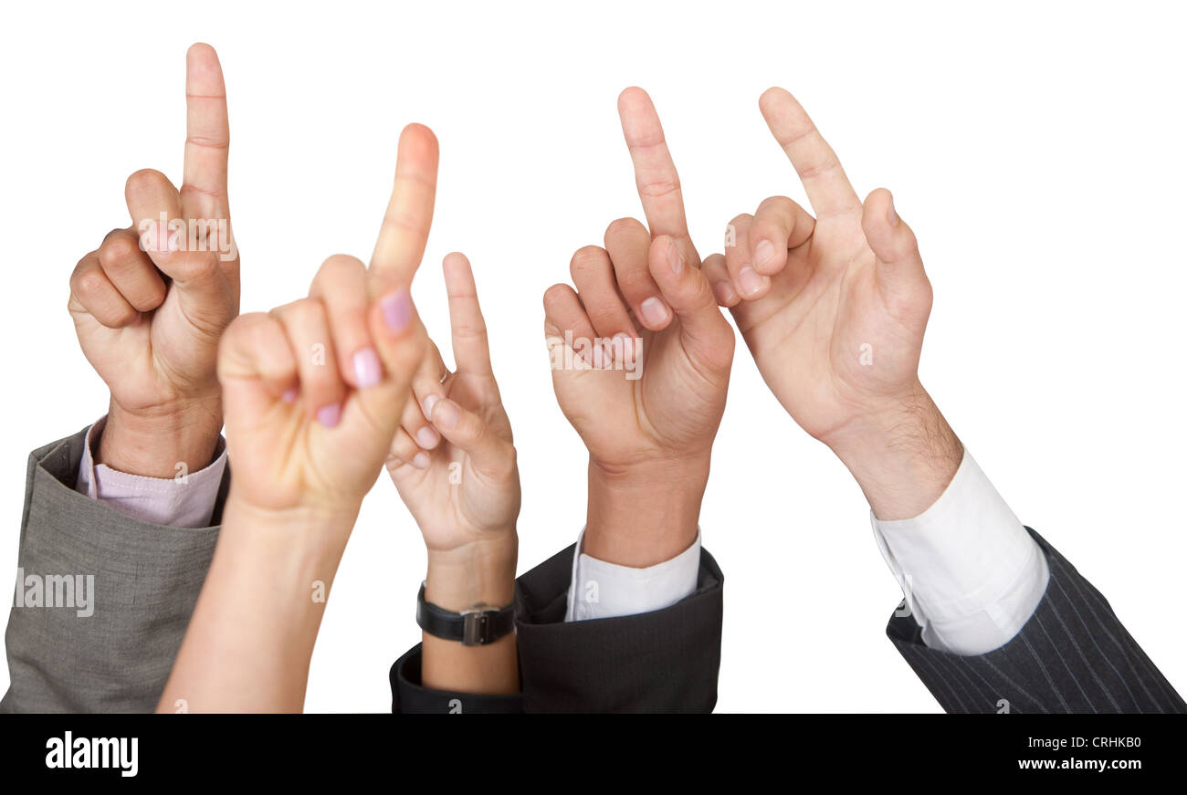Le mani alzate isolato su bianco - i concetti di business Foto Stock