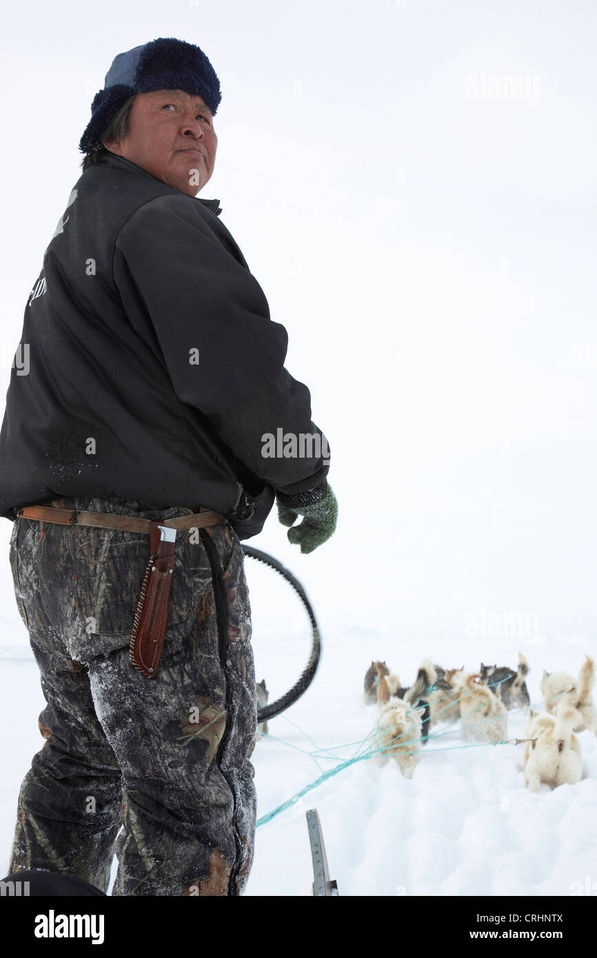 La Groenlandia cane (Canis lupus f. familiaris), Inuit in sella alla sua slitta trainata da cani, Groenlandia, Ostgroenland, Tunu, Kalaallit Nunaat, Scoresbysund, Kangertittivag, Kap Tobin, Ittoqqortoormiit Foto Stock
