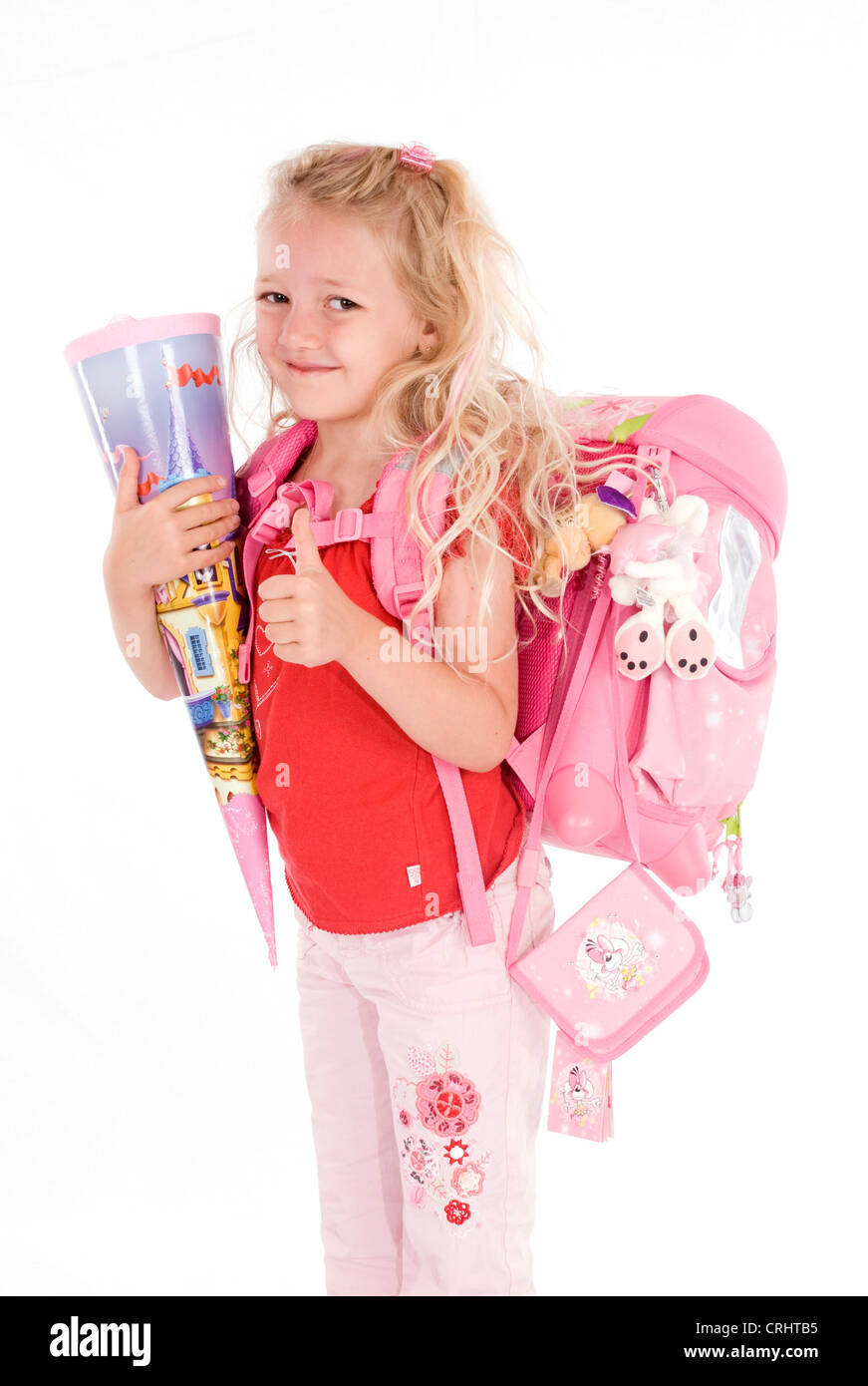 Prima della livellatrice con First-Day-scuola-cornet è felice di andare a scuola Foto Stock