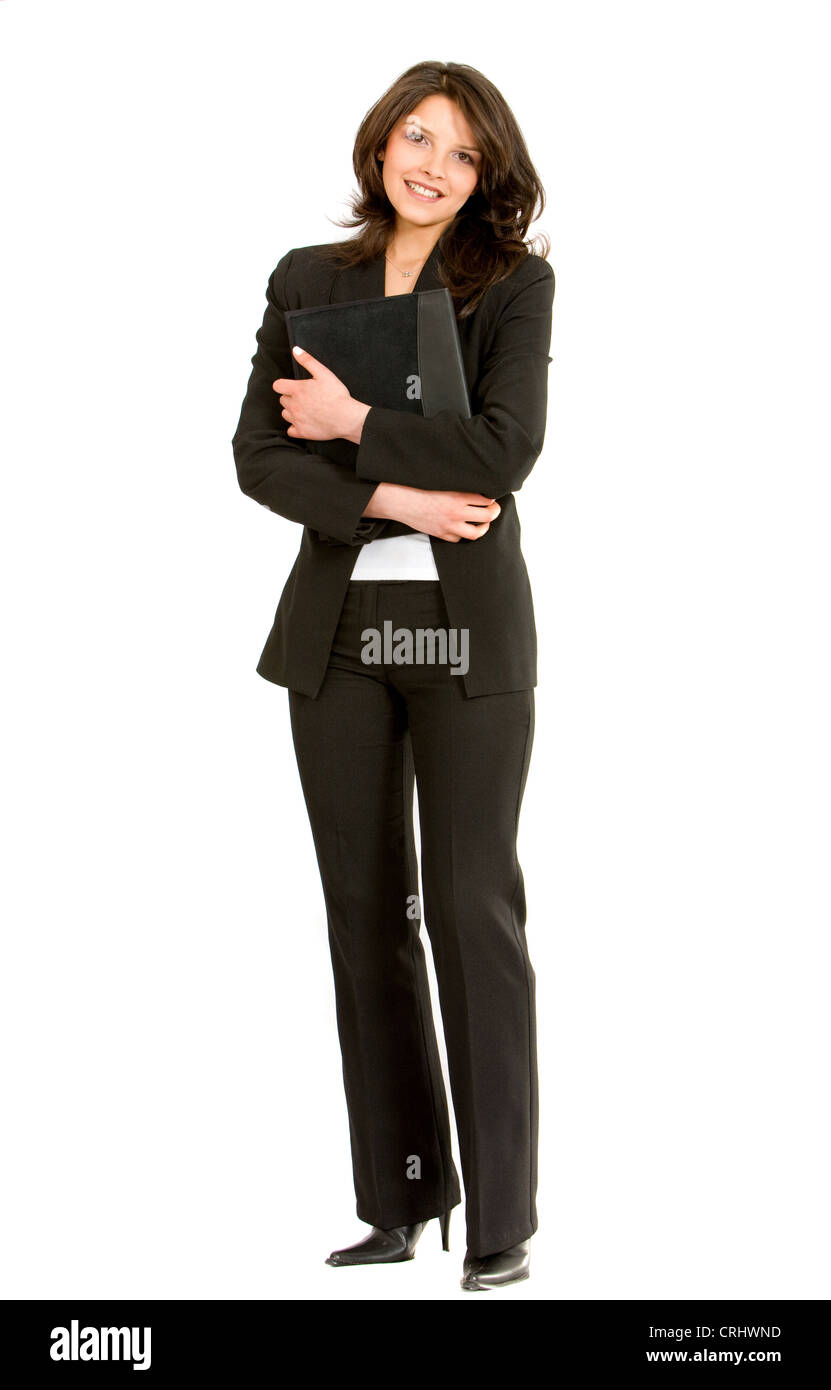 Interessanti i capelli castani imprenditrice standing, tenendo una valigetta Foto Stock