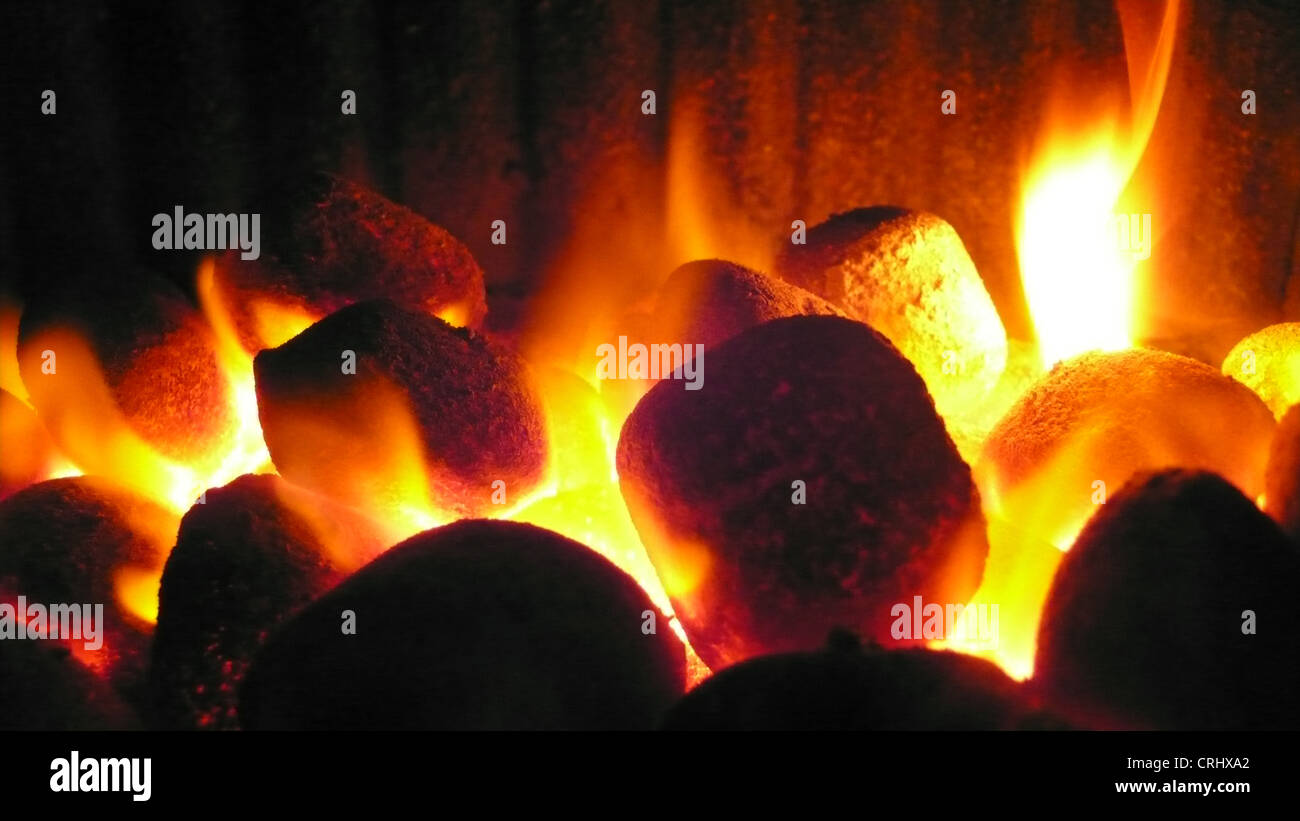 Masterizzazione di bricchette di carbone su un grill Foto Stock