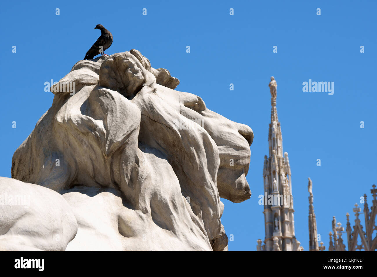 Piazza del Duomo di Milano, Italia. Dettaglio della statua di Lion e Duomo di Milano (Duomo di Milano) in background Foto Stock