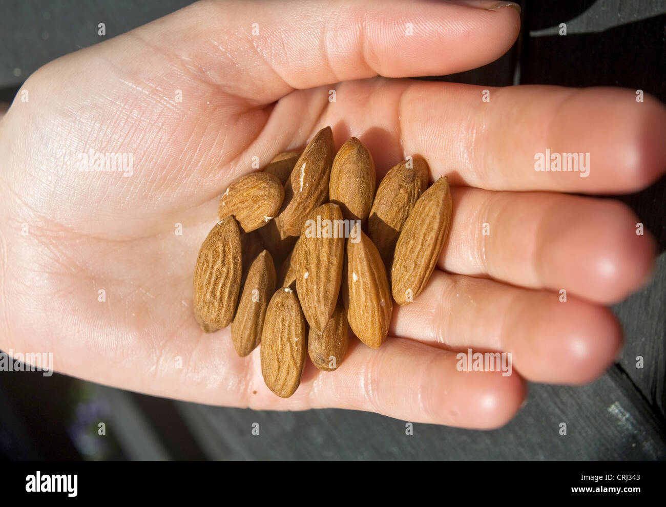 Manciata di mandorle noci piena di proteina e parte di una dieta sana Foto Stock