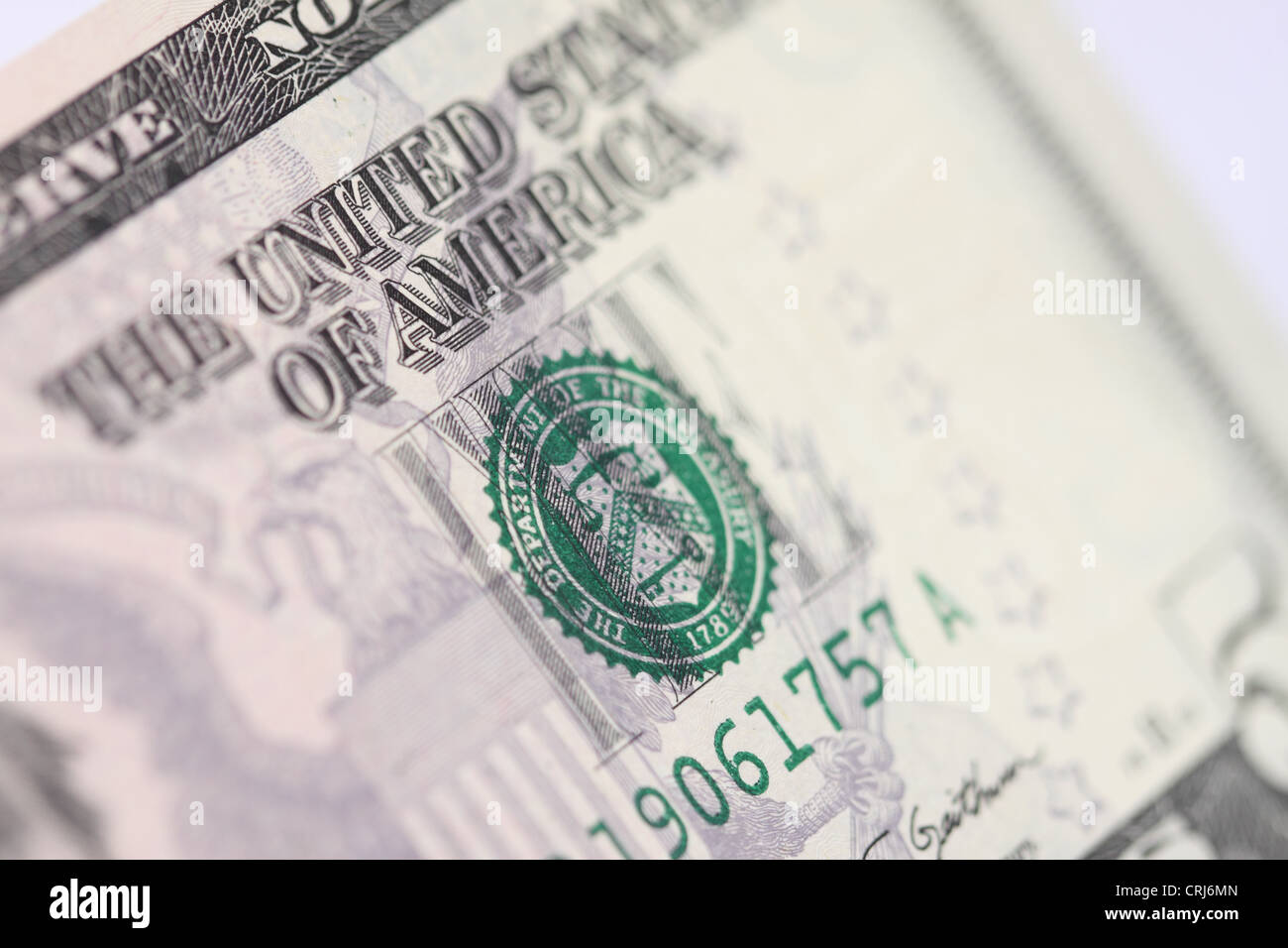Noi il Dipartimento del Tesoro logo sul dollaro americano Bill nota Foto Stock
