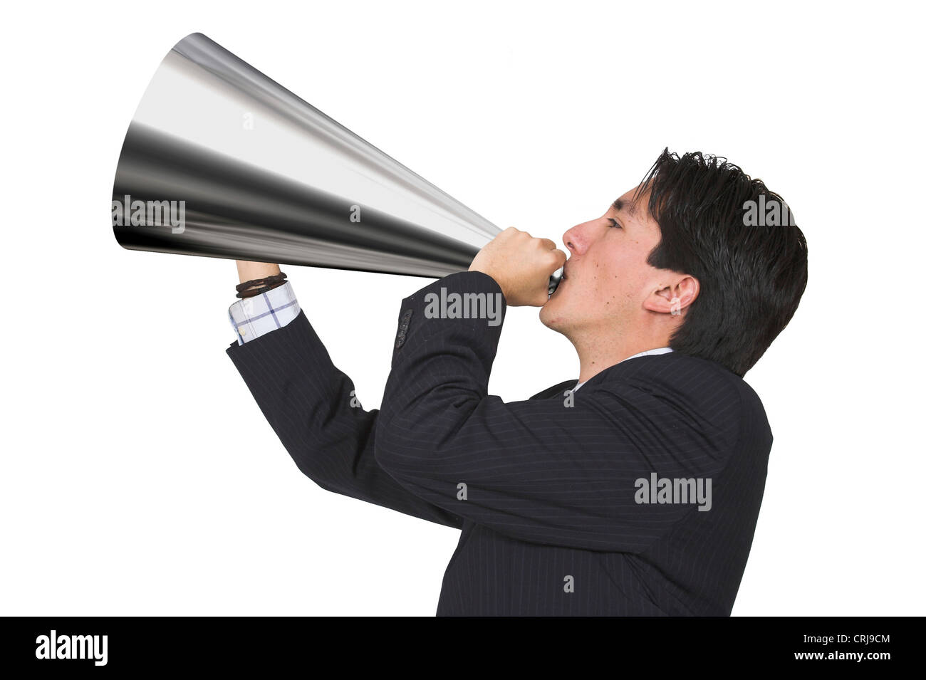 Imprenditore parlando attraverso un megafono Foto Stock