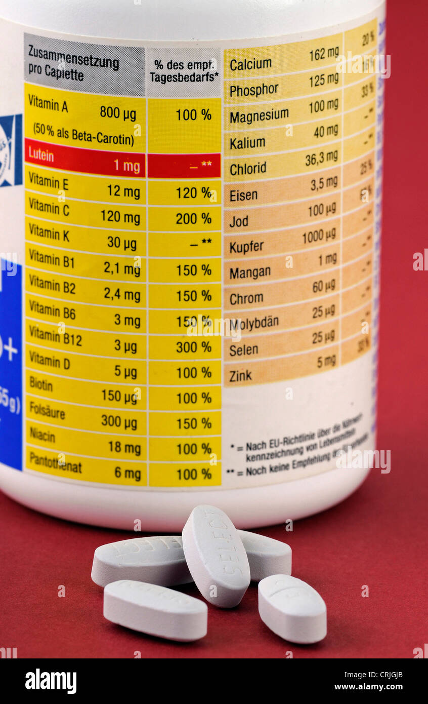 Vitamina pillole con box ingredienti Foto Stock