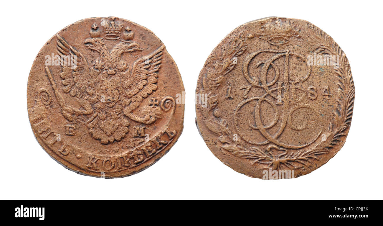 Moneta della Russia imperiale. 5 kopeek nel 1784. La monetazione di Caterina II Foto Stock