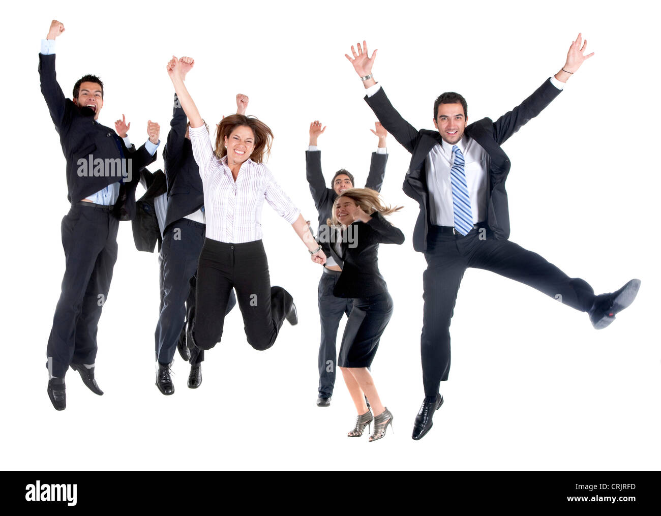 Il team di business jumping isolato Foto Stock