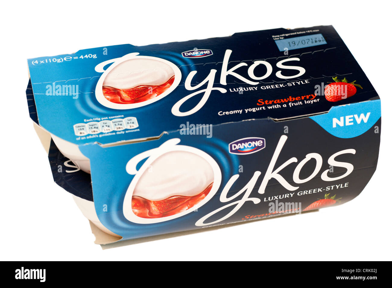 Quattro pacchetti di Oykos fragola crema allo yogurt di frutta da Danone Foto Stock