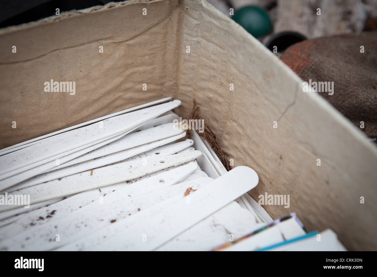 Una scatola di plastica bianca impianto etichette colorate etichette vegetali, angolo guidato le etichette e le etichette letto. Foto Stock